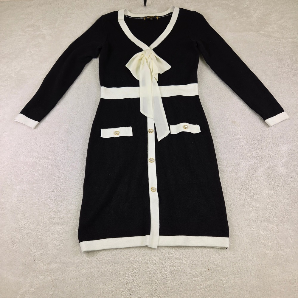 Miusol Womens Black White Colorblock Knit Dress Bow Tie Pearl Buttons Small
